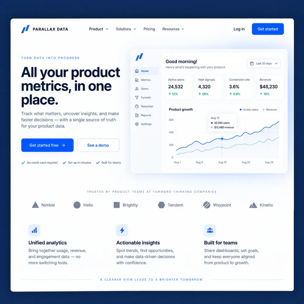 SaaS landing page mockup with a headline, buttons, and a dashboard screenshot