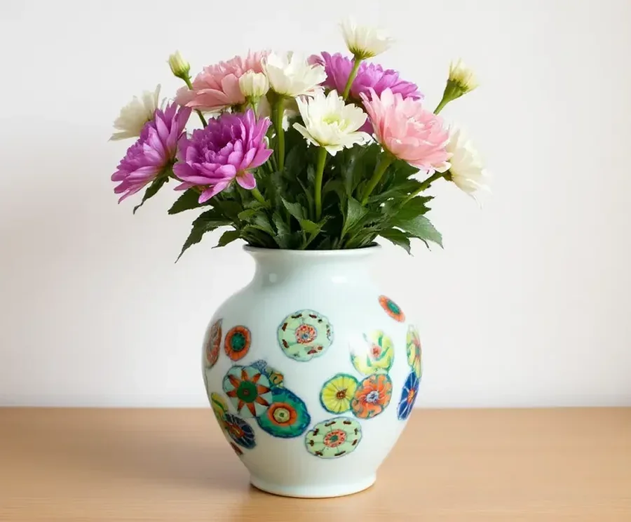Drag to compare the patterned bowl and the matching vase it inspired (after)