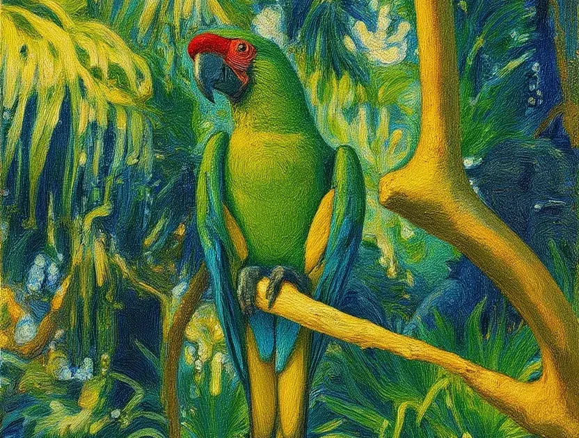 Drag to compare the parrot photo and the painterly version (after)