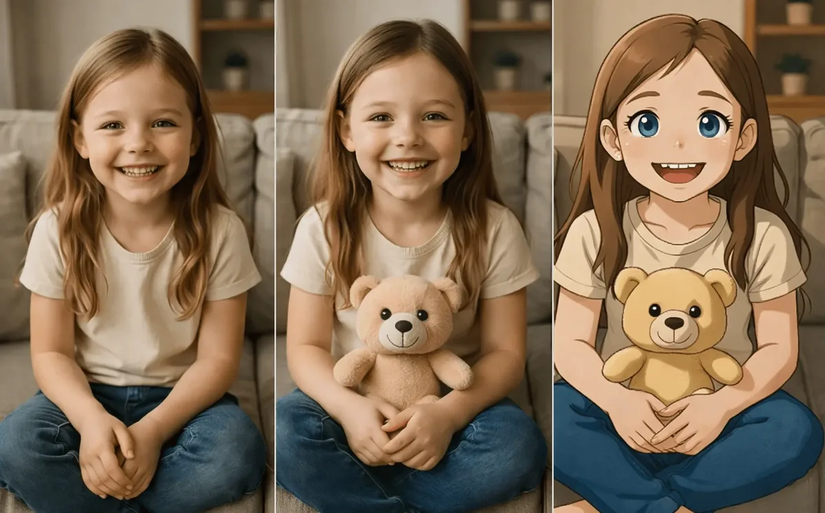 Three-step edit of the same girl: original photo, holding a teddy bear, then in anime style