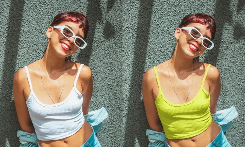 Woman in a white tank top and the same photo with the top changed to bright yellow