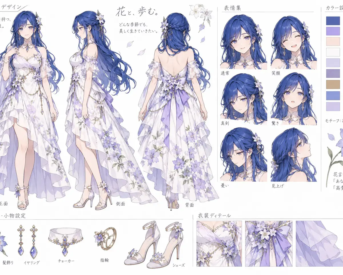 Anime character sheet with multiple views and notes
