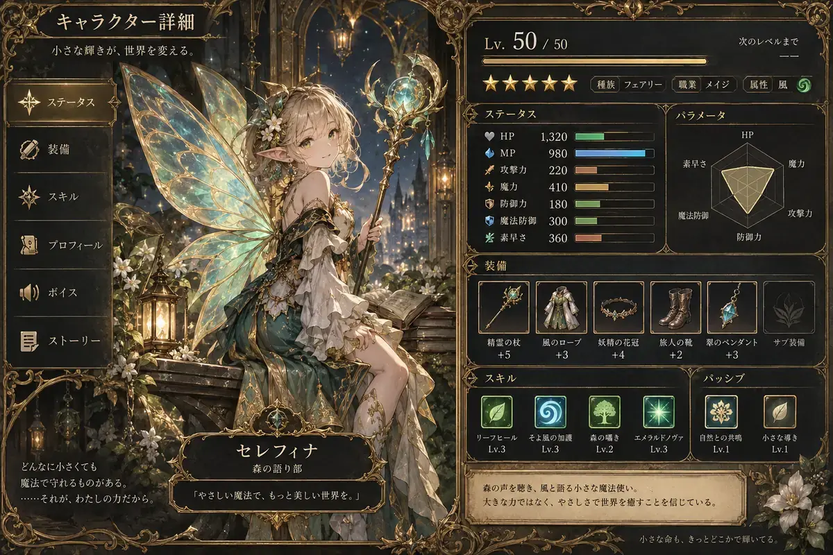 Fantasy game character status screen with stat bars and Japanese text
