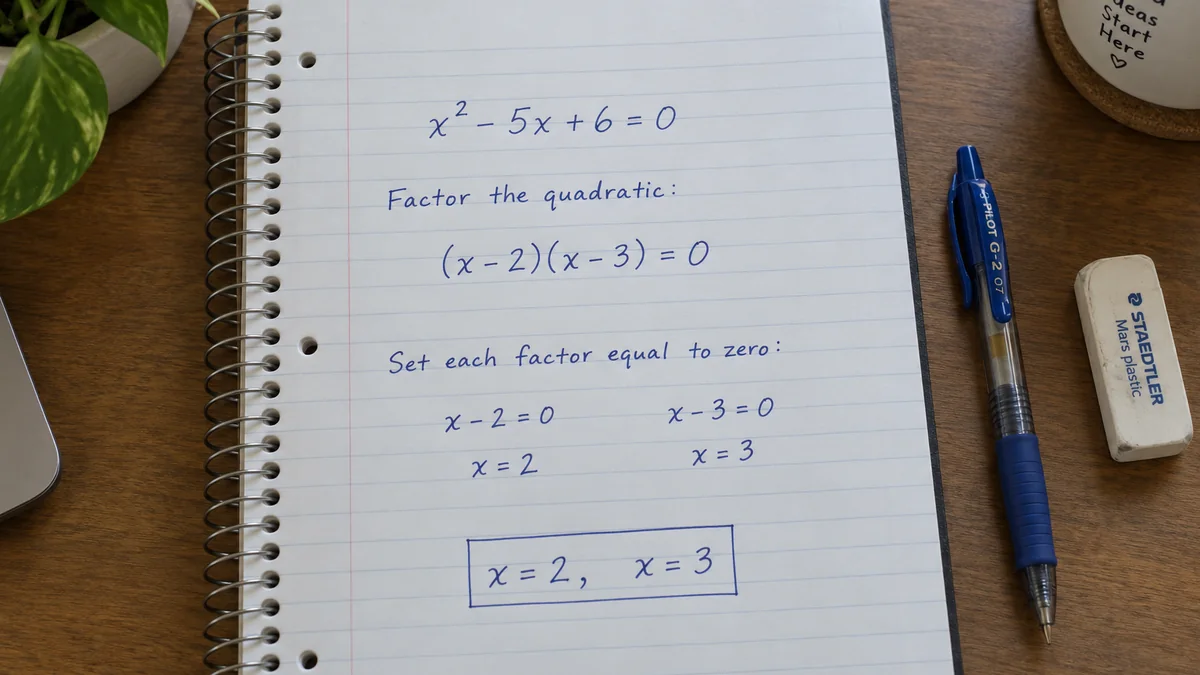 Handwritten quadratic equation solution on a spiral notebook with a pen