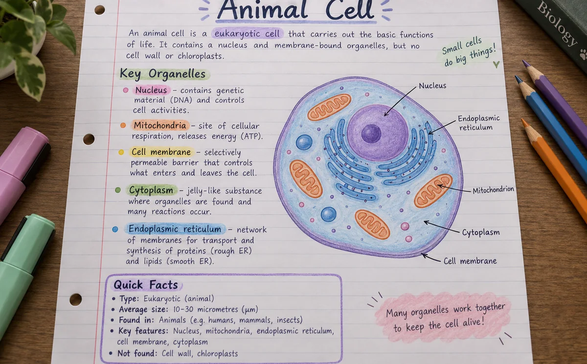 Handwritten animal cell study notes with a labeled diagram and short explanations