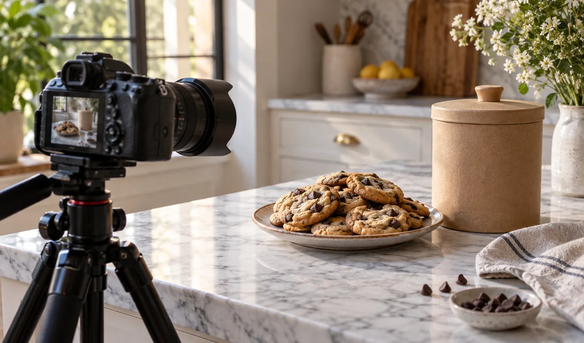 Camera on a tripod shooting cookies and a product jar on a kitchen counter