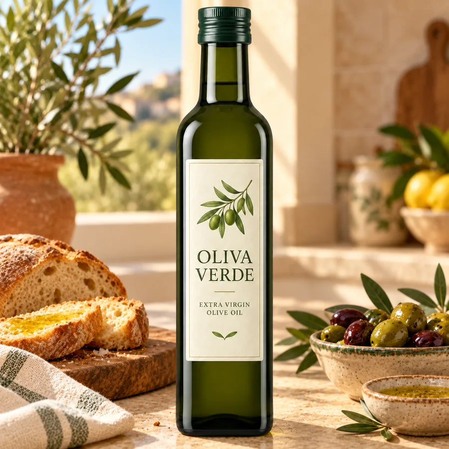 Drag to compare the studio olive oil bottle and the same bottle in a sunlit kitchen (after)