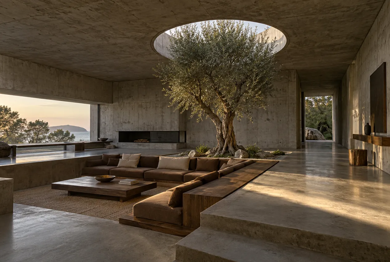 Brutalist concrete living room with a sunken lounge and an olive tree under a skylight