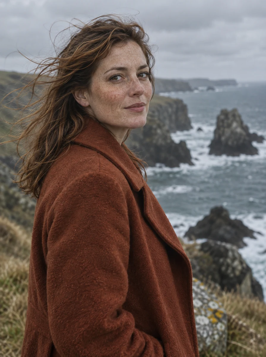 Editorial portrait of a freckled woman in a rust wool coat on a windy coastal cliff