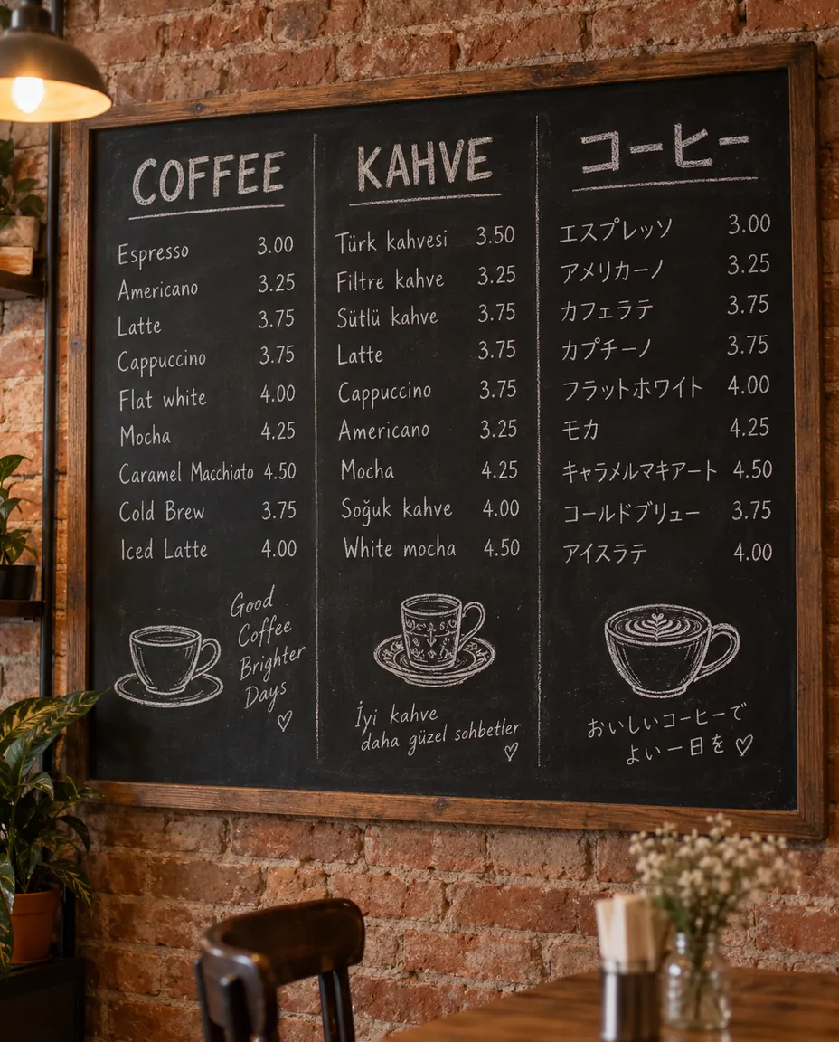 Cafe chalkboard menu lettered in English, Turkish, and Japanese with prices
