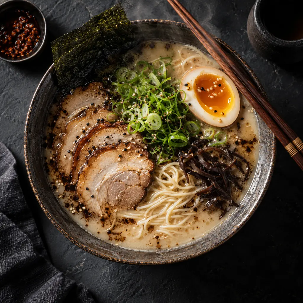 Overhead photo of tonkotsu ramen with chashu and a soft egg on a dark slate table