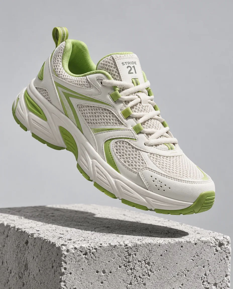 Off-white and lime running sneaker floating above a concrete block in a studio