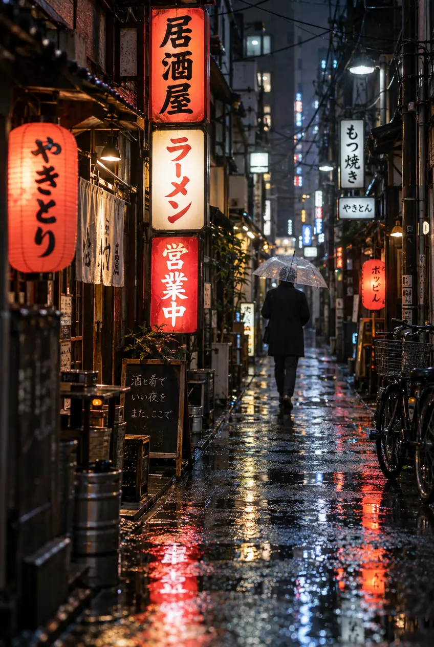 Rainy Tokyo alley at night with stacked Japanese neon signs