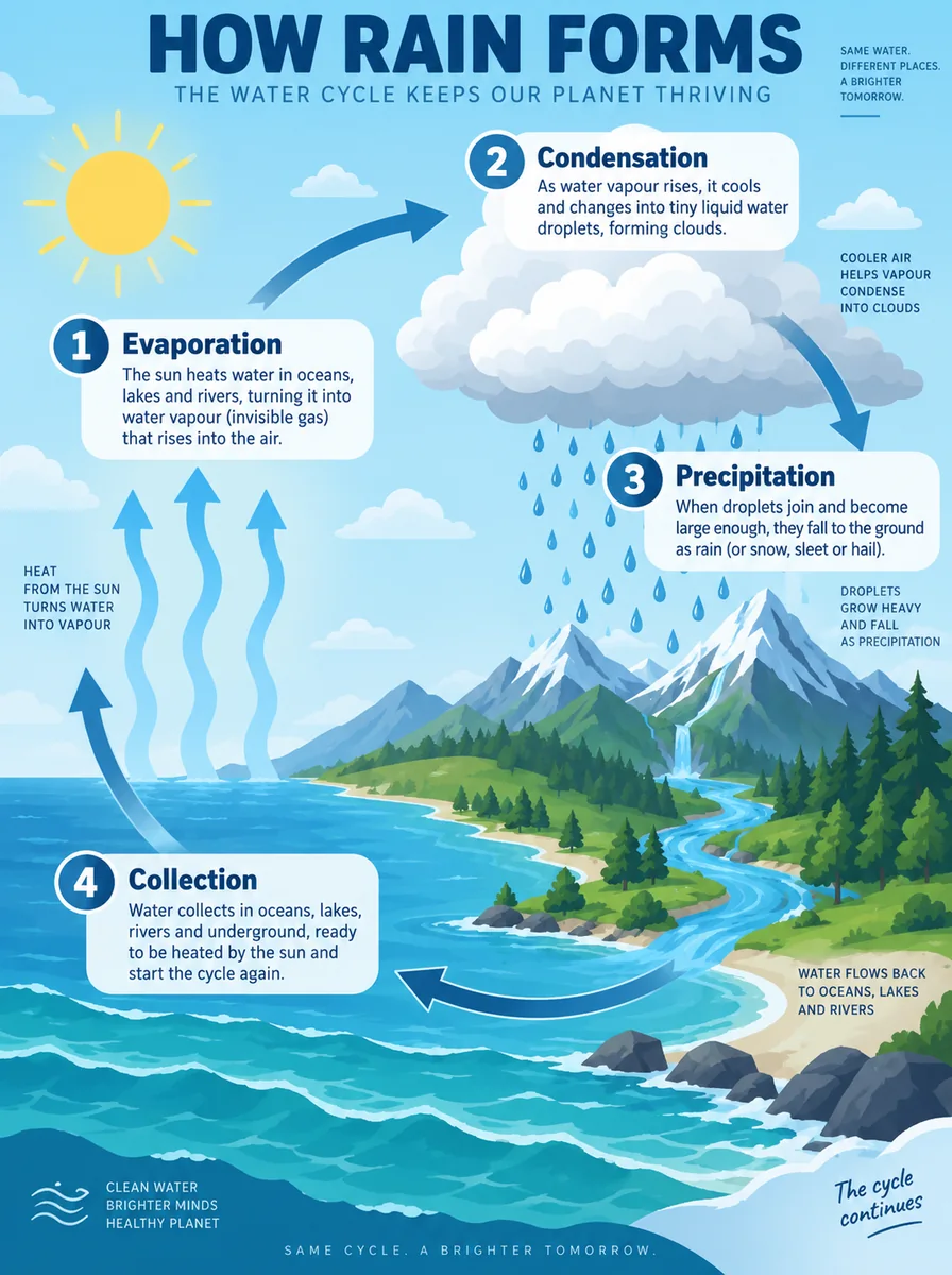 Infographic poster titled How Rain Forms with four labeled stages