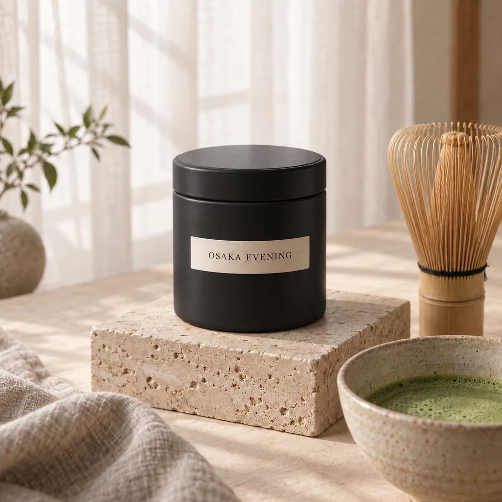 Drag to compare the original cream matcha tin and the edited matte black tin (after)