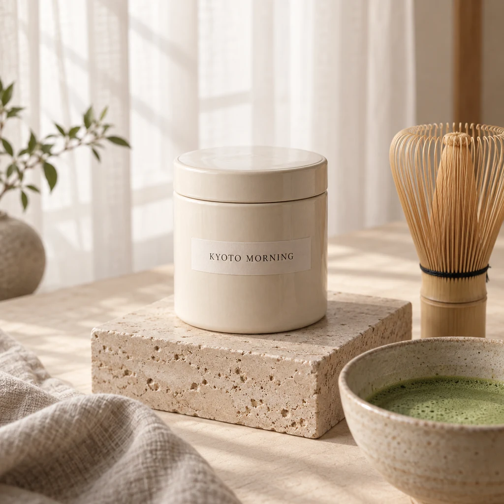 Drag to compare the original cream matcha tin and the edited matte black tin (before)