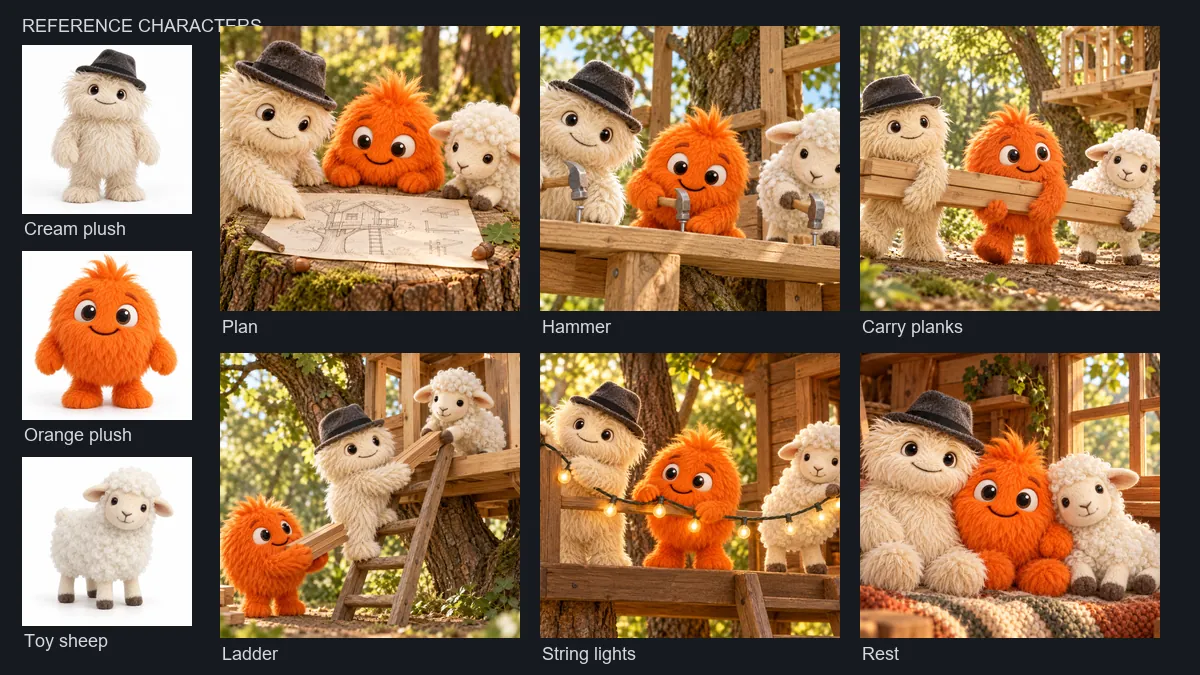 Three reference images of plush creatures and six new forest treehouse scenes featuring the same three characters