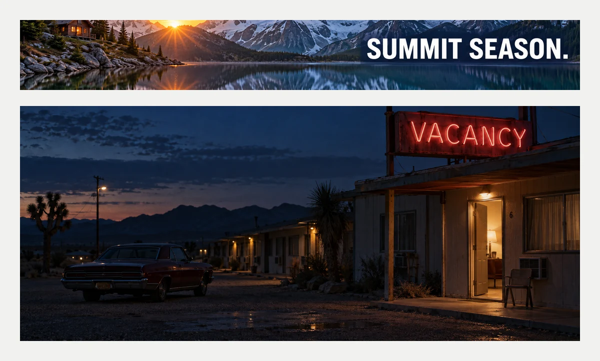 An 8:1 alpine lake banner with the headline Summit Season above a 21:9 film still of a desert motel at blue hour