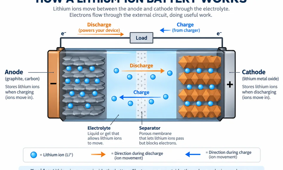 Diagram titled How a Lithium-Ion Battery Works showing charging and discharging