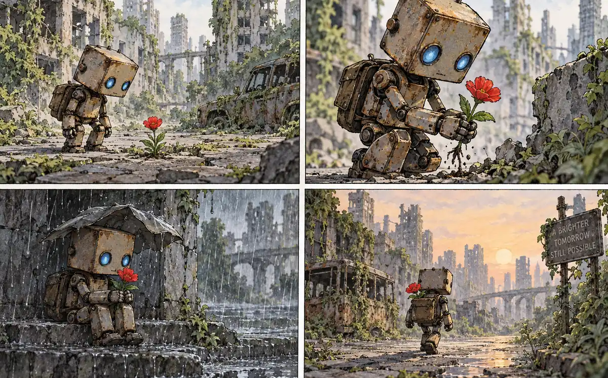 Four comic panels of a small rusty robot finding a red flower in a ruined city