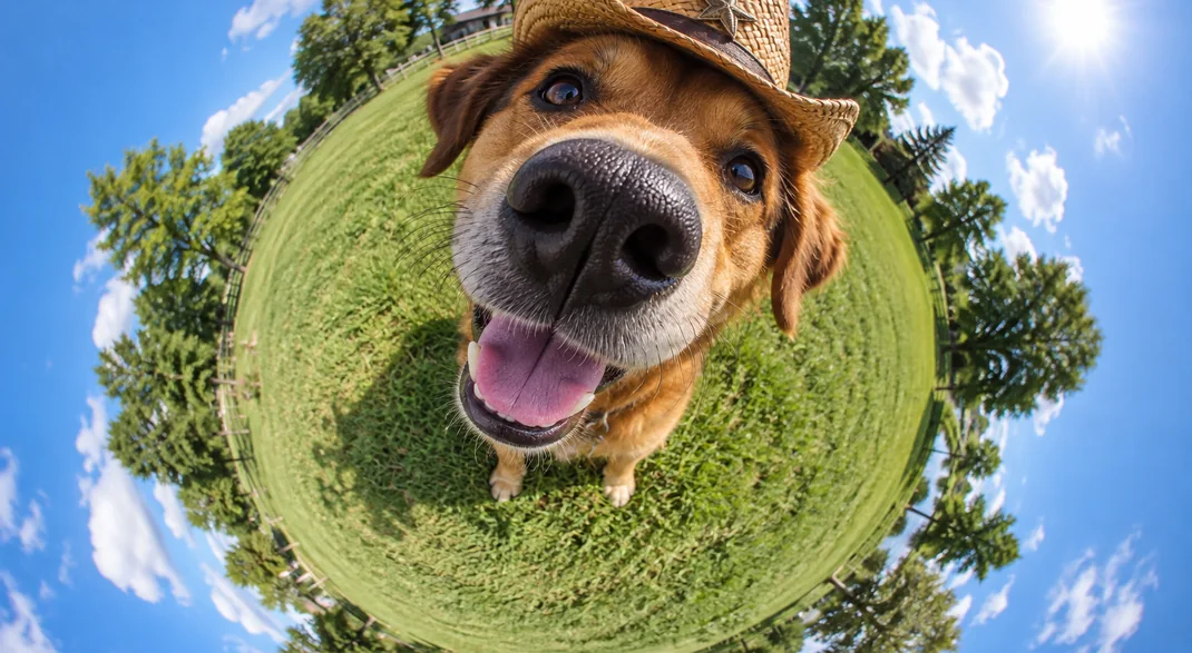 Tiny planet fisheye photo of a dog in a hat
