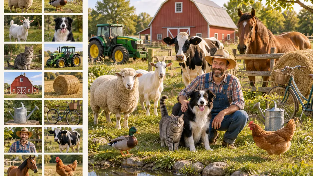 Fourteen small reference images of animals and objects combined into one busy farm scene