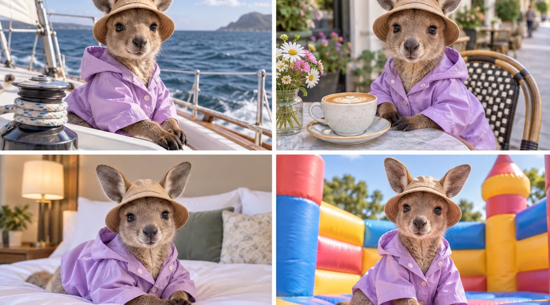 Four scenes of the same baby kangaroo and hat: sailing, at a café, relaxing in bed, and in an inflatable castle