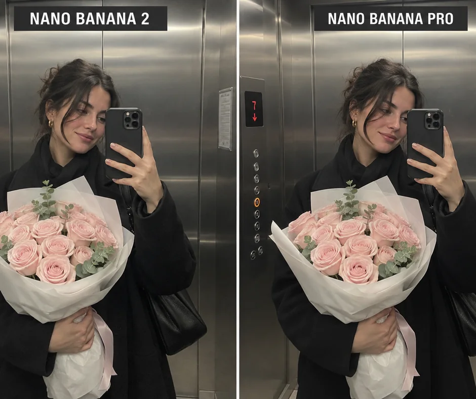 Two versions of an elevator mirror selfie of a woman holding roses, labeled Nano Banana 2 and Nano Banana Pro