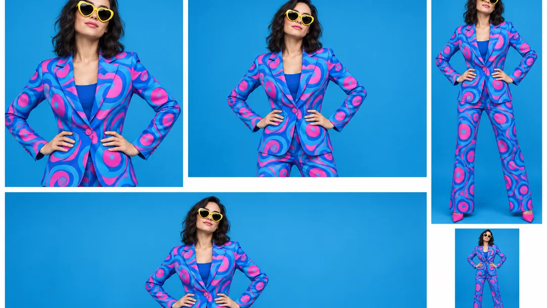 The same pop-art fashion portrait in a blue and pink suit rendered in several different aspect ratios