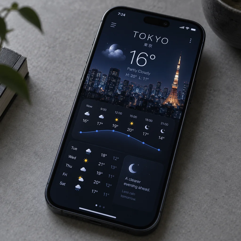 Weather app UI mockup with English and Japanese text