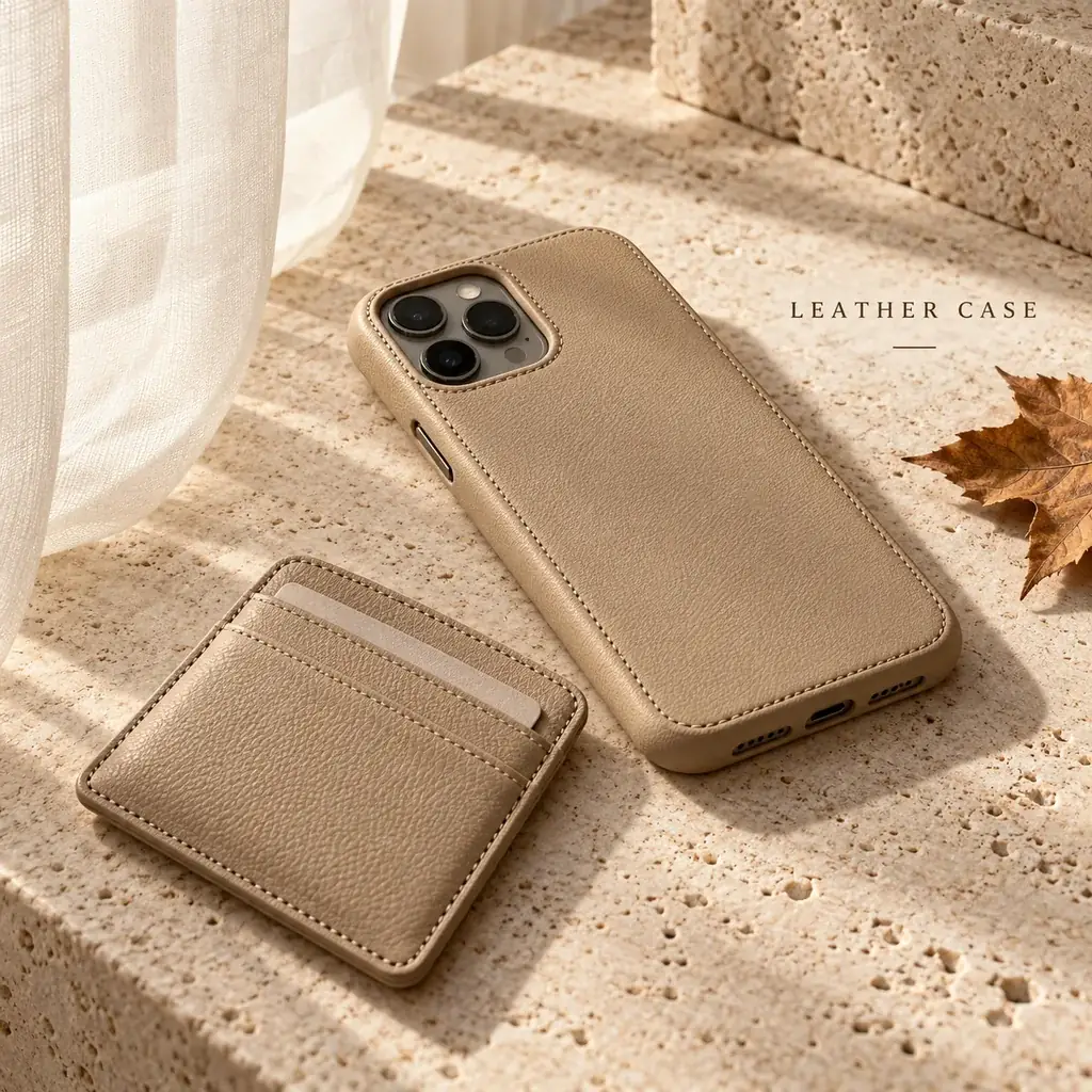 Beige leather phone case and card wallet product poster