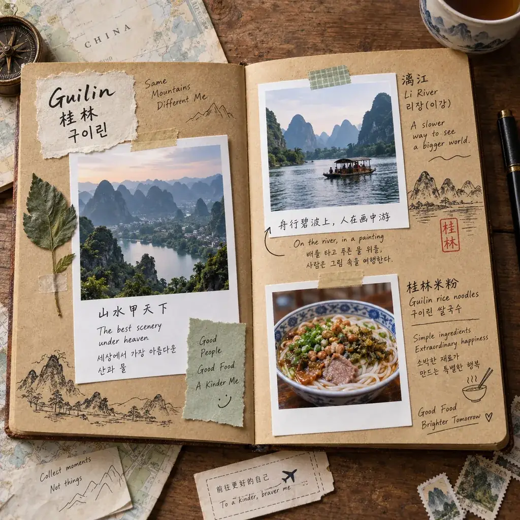 Travel journal scrapbook with notes in three languages