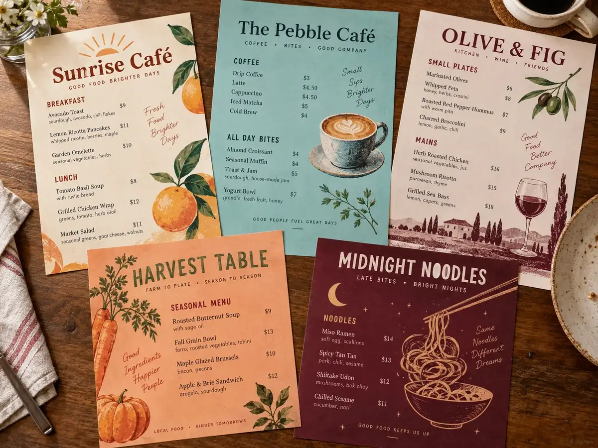 Collage of colorful restaurant menus and event flyers