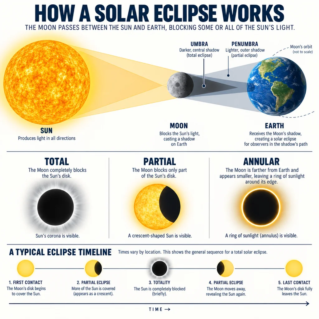 Solar eclipse infographic with labeled diagrams