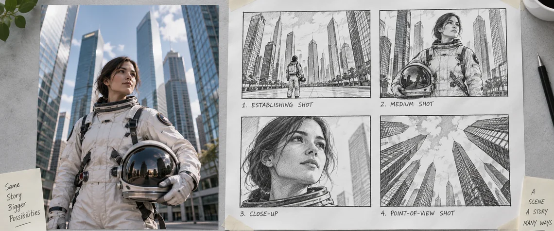A photo of an astronaut in a city and the four-panel storyboard sketch made from it