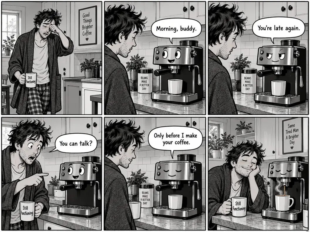 Black and white comic strip of a man and a talking coffee machine across several panels