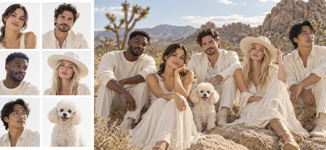 Six separate photos of people in white outfits and a dog, combined into one desert fashion shot