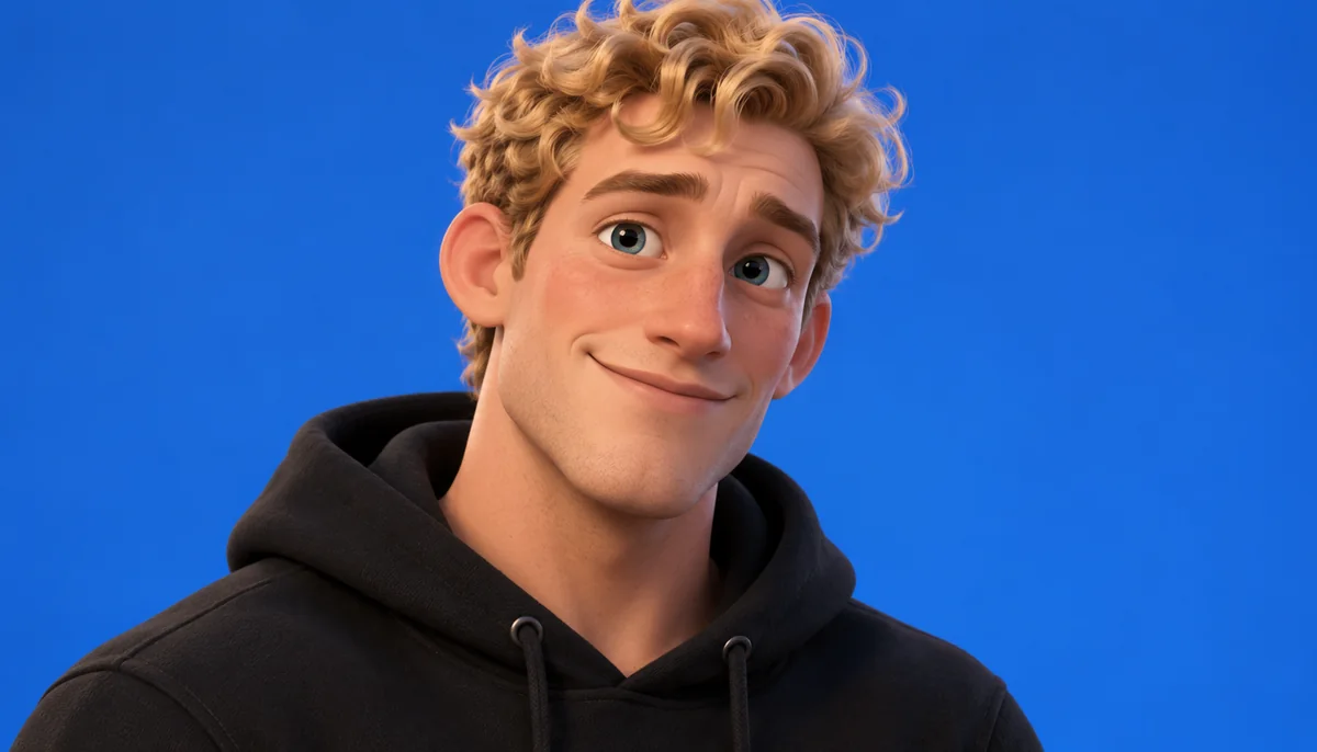 3D cartoon character portrait of a smiling young man with curly hair on a blue background