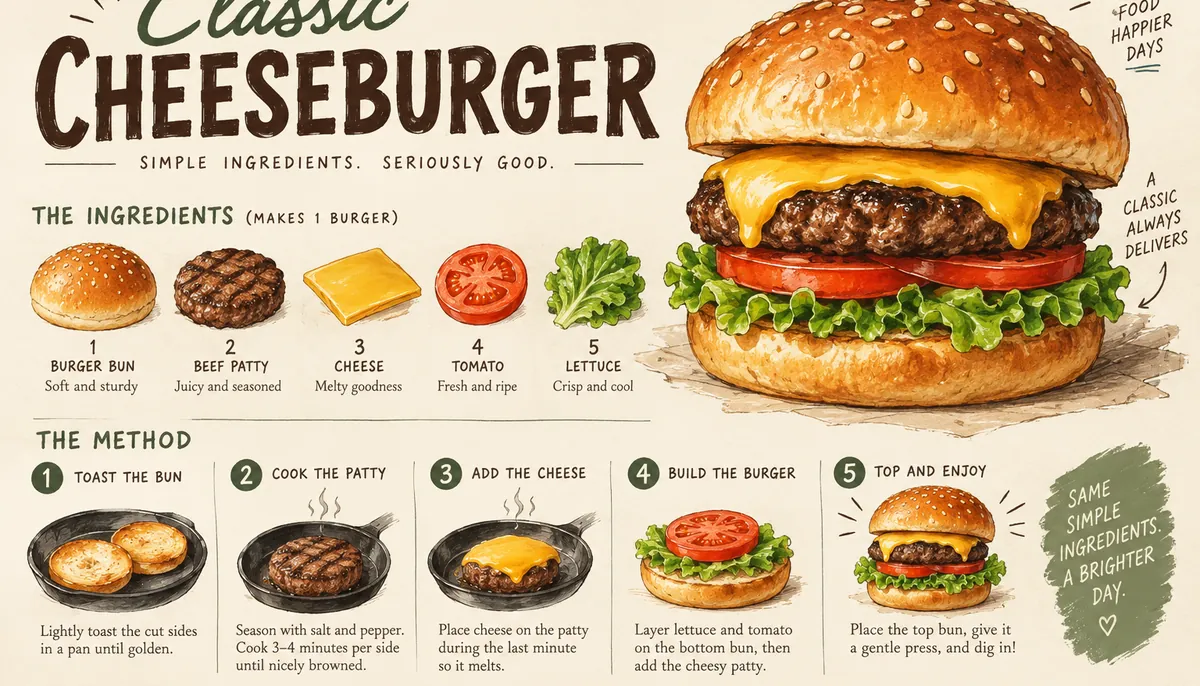 Illustrated cheeseburger recipe card with ingredients and method steps