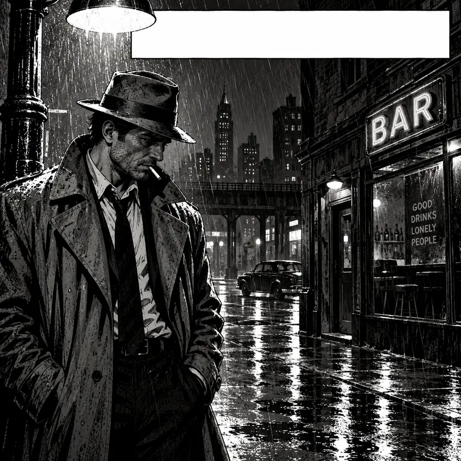Noir comic panel of a detective in the rain