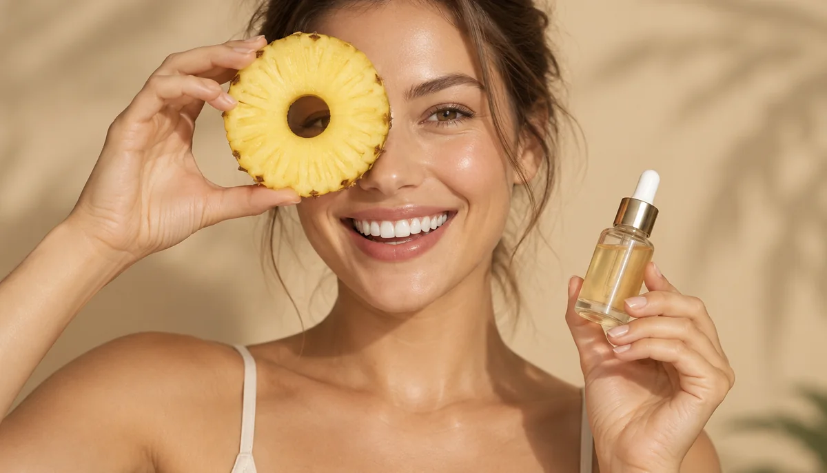 Skincare product ad with a smiling model and a serum bottle