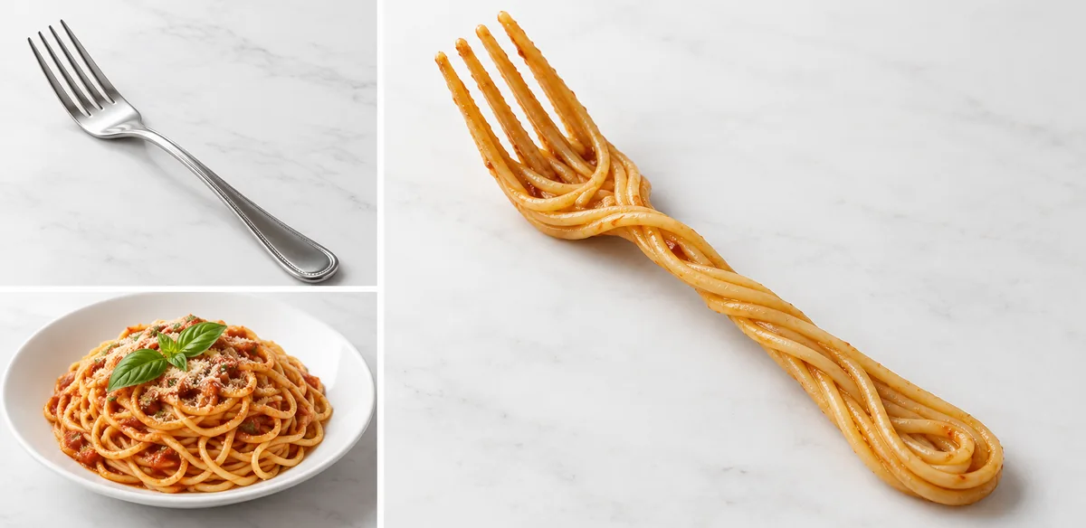 A fork and a plate of spaghetti on the left, and the blended result, a fork made of spaghetti, on the right