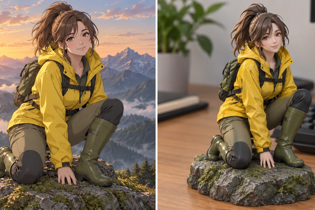 An anime illustration of a girl in a yellow raincoat and the same character as a figurine on a rock next to a keyboard