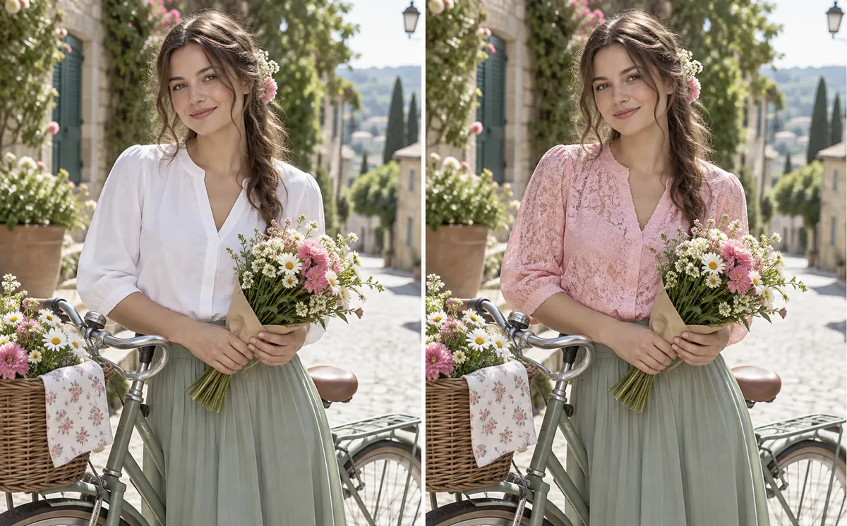 The same woman with flowers and a bicycle basket, first in a white blouse and then in a pink lace top
