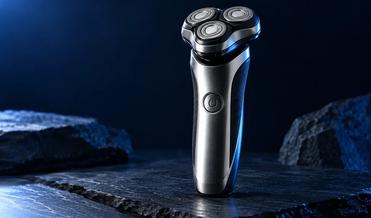 Electric shaver product shot on a dark blue studio set with dramatic lighting