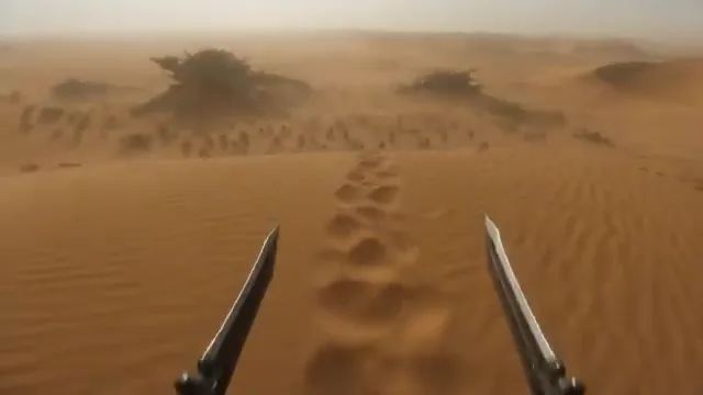 Start frame for PixVerse image to video: first-person view of two swords above footprints in desert sand