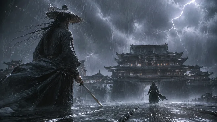 Start frame for image to video: a swordsman in a straw hat facing a distant rival in front of a temple during a thunderstorm
