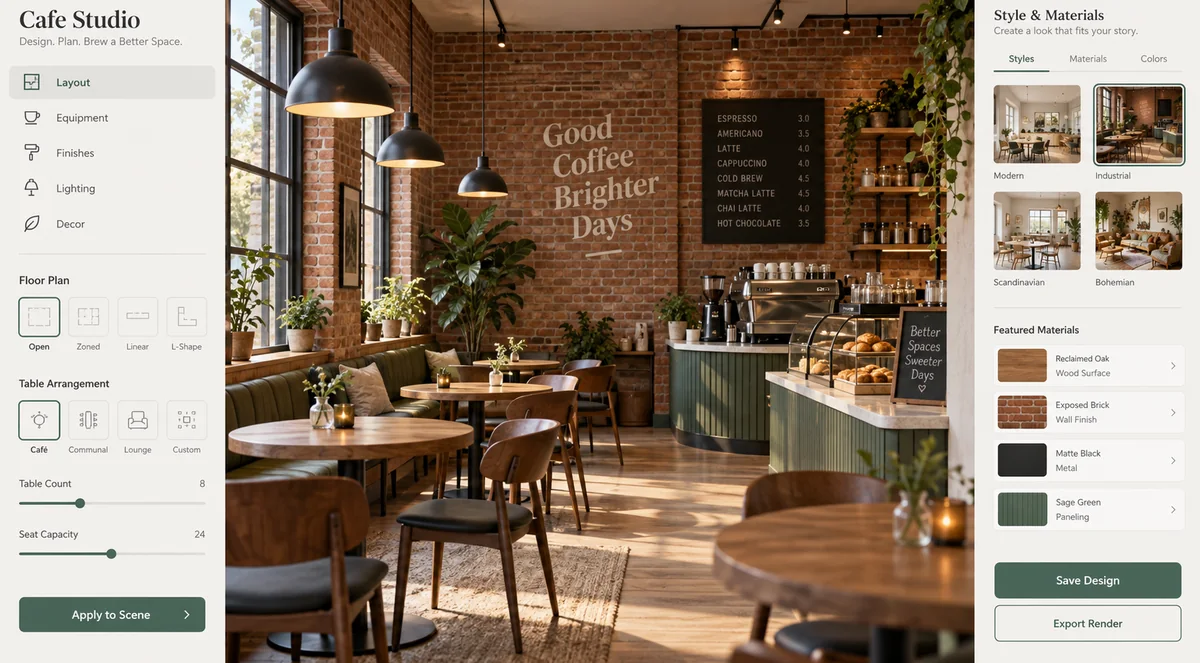 Desktop app mockup for a cafe design tool with a brick cafe interior preview