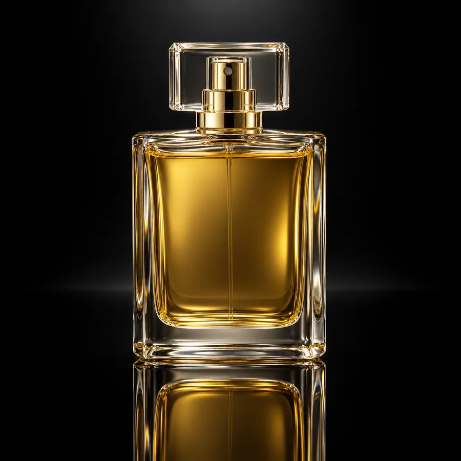 Perfume bottle product photo on black glass