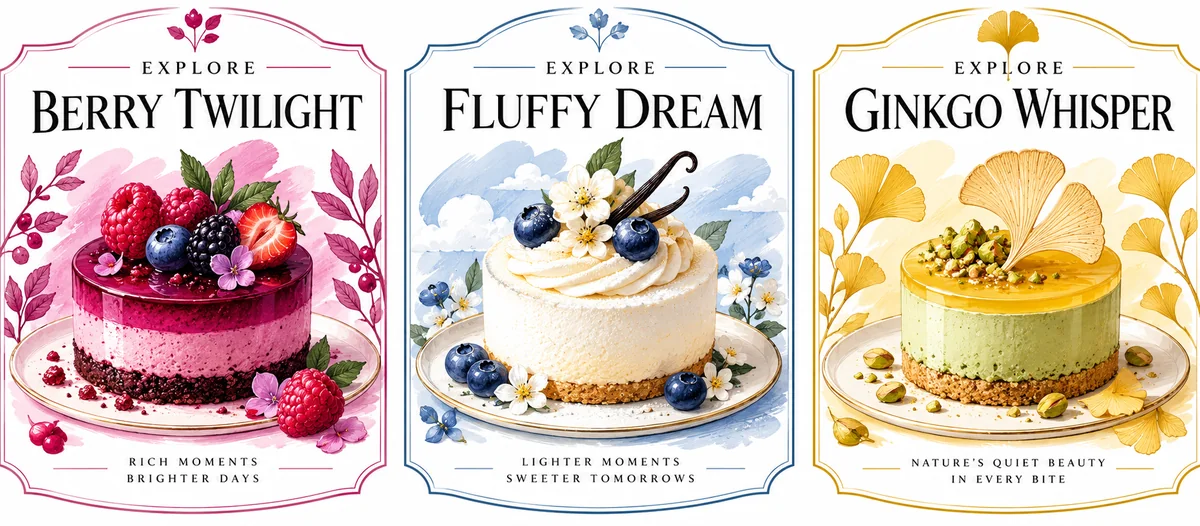 Three illustrated dessert labels reading Explore Berry Twilight, Explore Fluffy Dream, and Explore Ginkgo Whisper